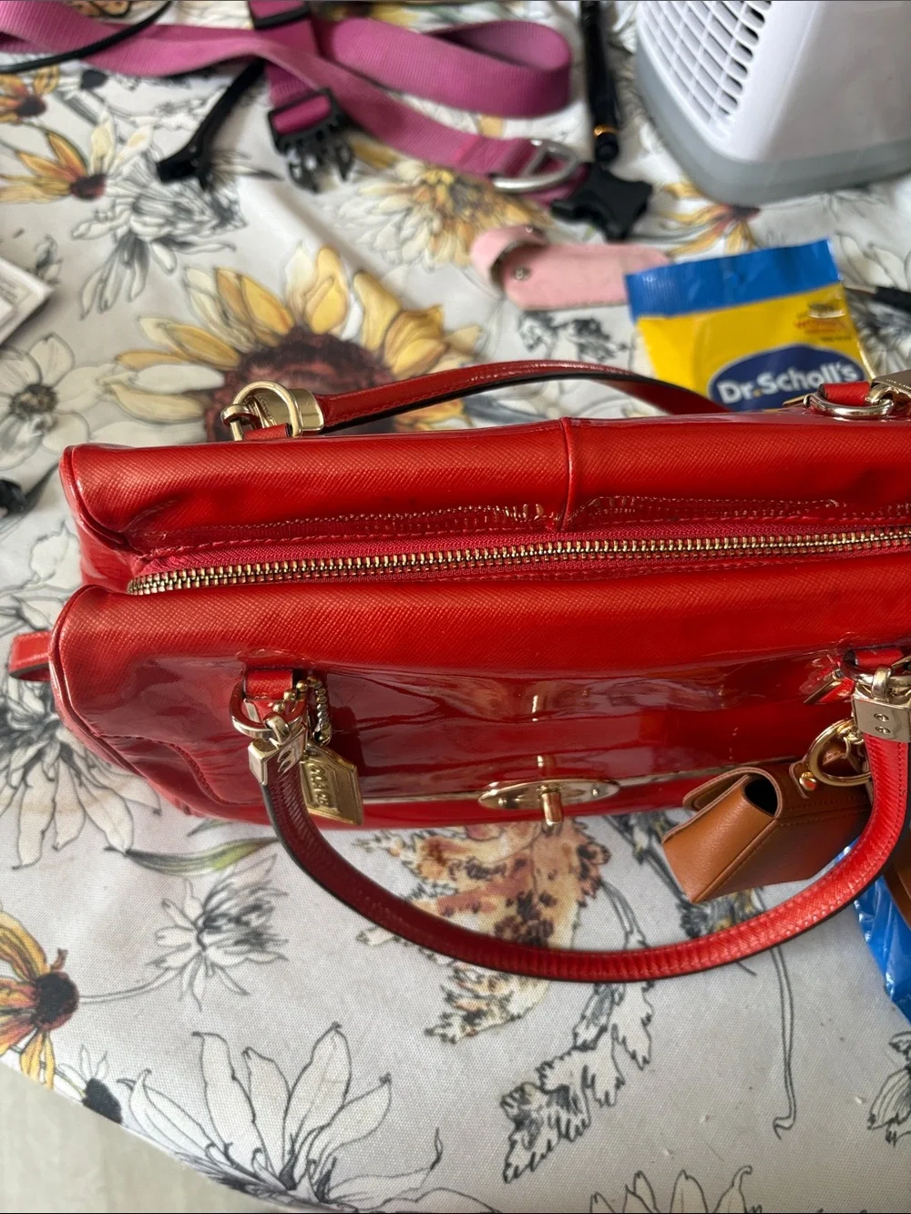 Coach Red Patent Satchel with Gold-Tone Hardware